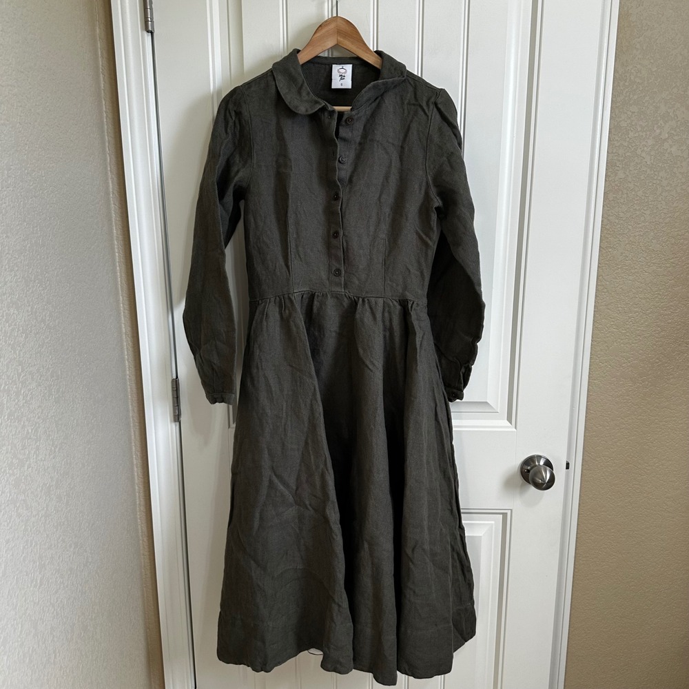 Son de Flor Sophie Linen Dress Cottagecore Midi Peter Pan Collar Long Sleeve S - Picture 2 of 9